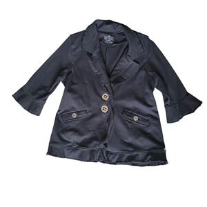 Neon Buddha Womens Large Blazer Black Knit Ruffle Trim 3/4 Sleeve Button Jacket